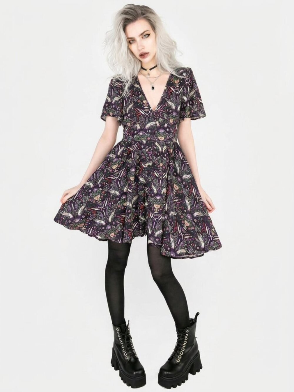 DISTURBIA Modern Mystic button up witchy print mini dress
